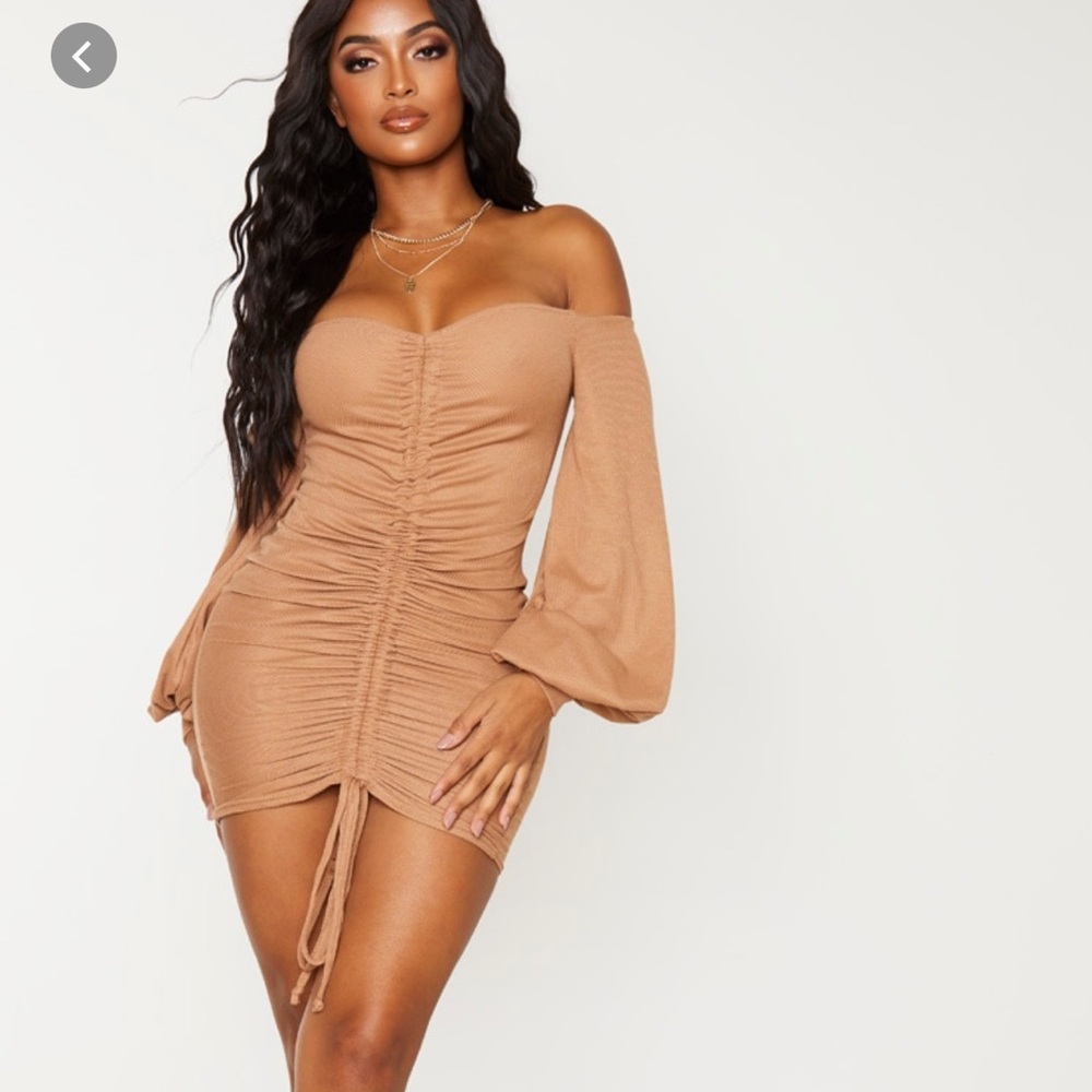 CAMEL RIBED RUCHED DRESS - Picture 2 of 4